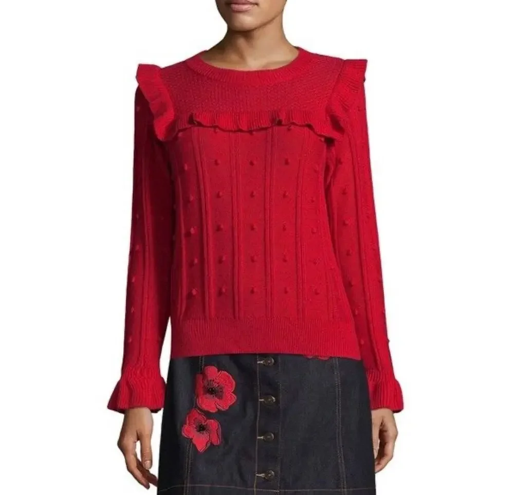 Kate Spade Pom Pom Ruffle Holiday Wool Blend Sweater Red Small